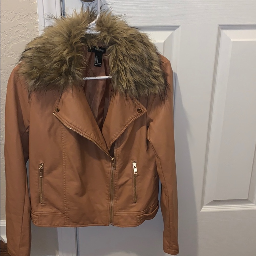 Faux Fur collared Leather Jacket